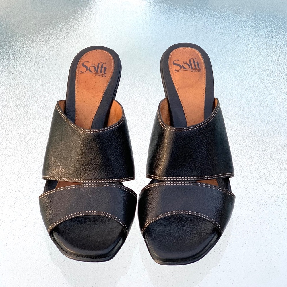Söfft Black Leather Open Toe Wide Band Tapered Chunky Heel Sandals Women’s 10 - Picture 2 of 10